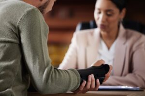 Injured person discussing case with a lawyer